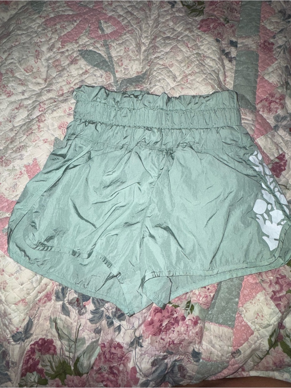 Free People Sage Green Athletic Shorts with White Side Graphic